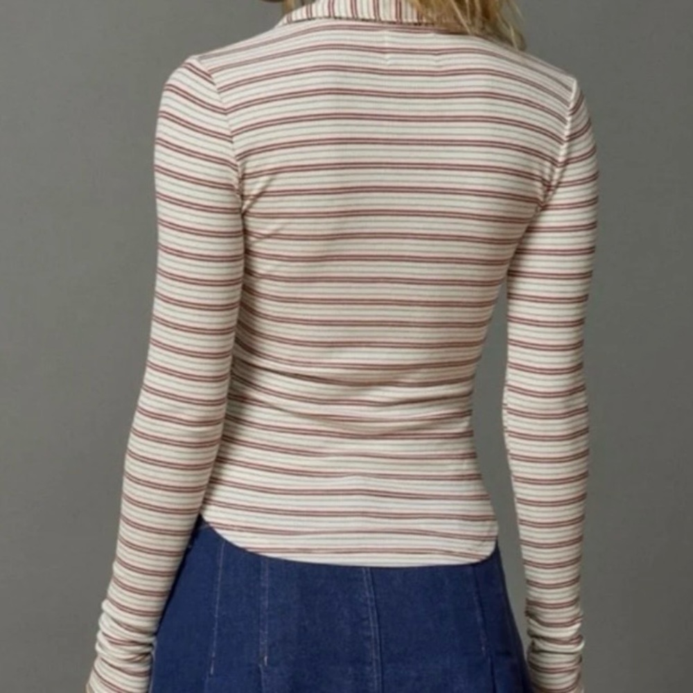 BDG Taylor Polo Top Ivory Red Gray Stripe Long Sleeve Cropped Ribbed XL - Picture 3 of 10